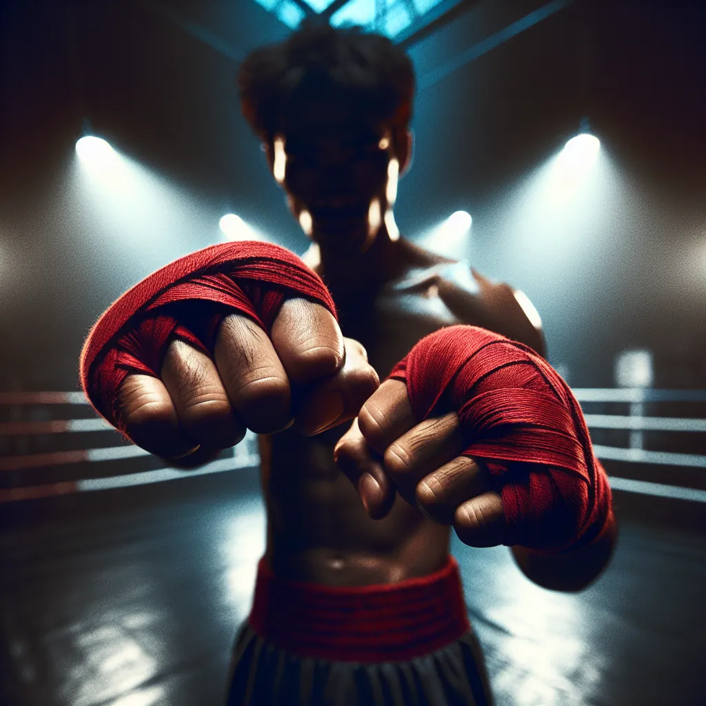 Boxer's wrapped fists in guard position under dramatic gym lighting with film grain texture