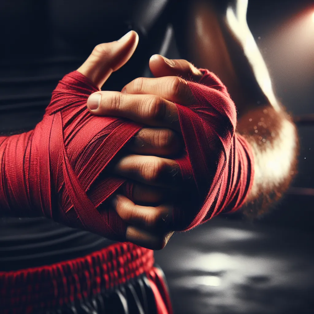 Wrapped hands throwing a sharp jab at a heavy bag in a dark gym with dramatic lighting
