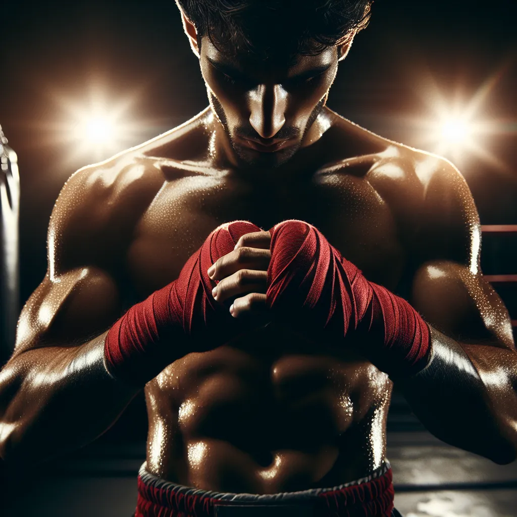 Close-up of a boxer's wrapped fists in a dark gym with dramatic low-angle lighting