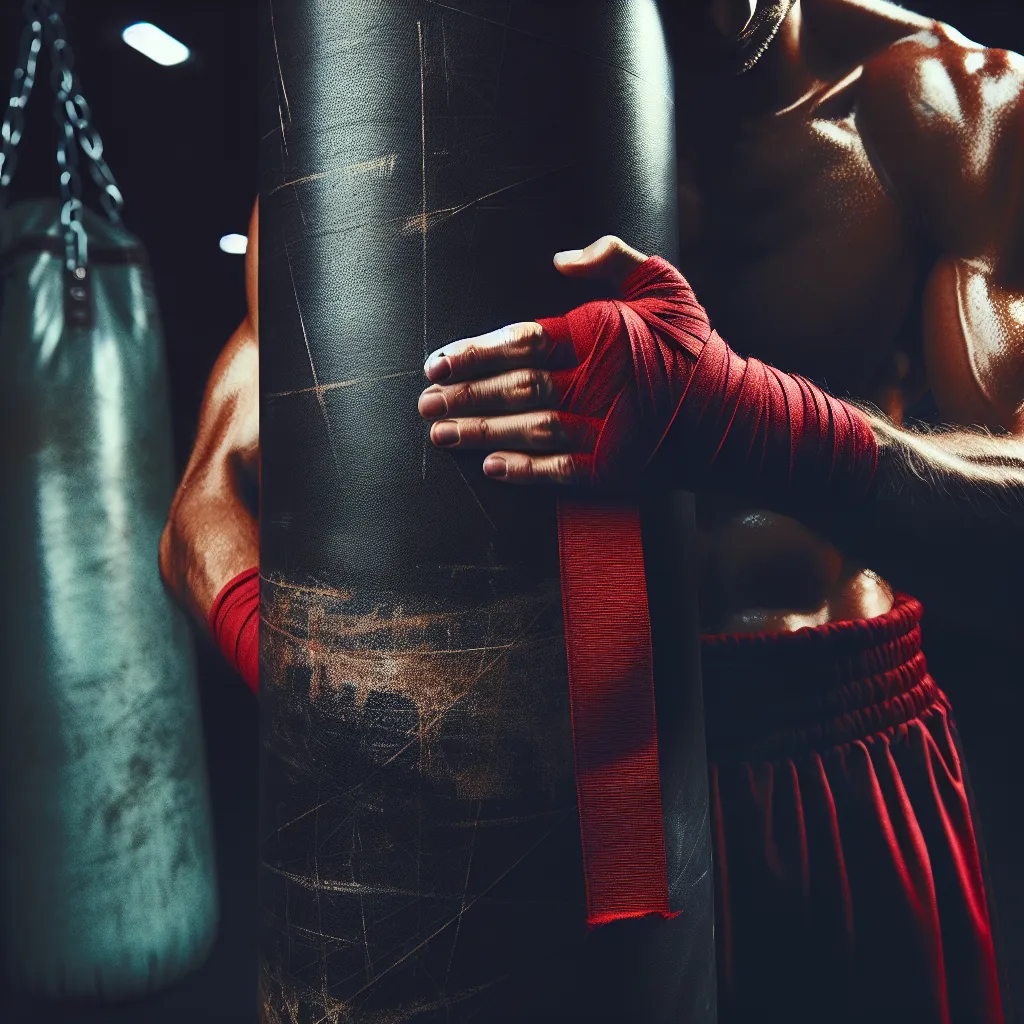 Wrapped hands striking a heavy bag in a dark gym with dramatic lighting