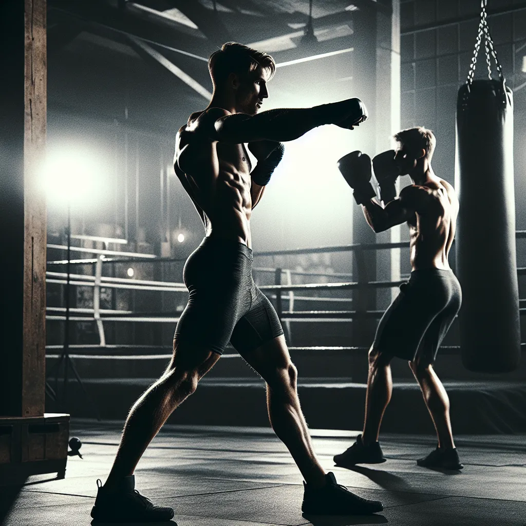 Boxer extending a jab with full arm extension and hip rotation in a dark gym