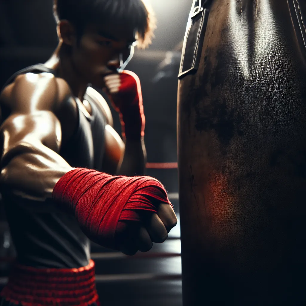 Boxer throwing a lead hook in a dark gym with dramatic side lighting and motion blur