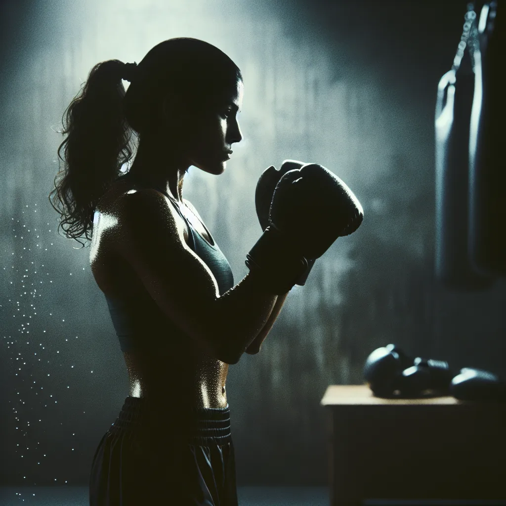 Silhouette of a person shadow boxing in a dimly lit room with atmospheric lighting